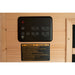 Touch control panel on the Blisspod Vienna with temperature, timer, music and volume keys above the safety label