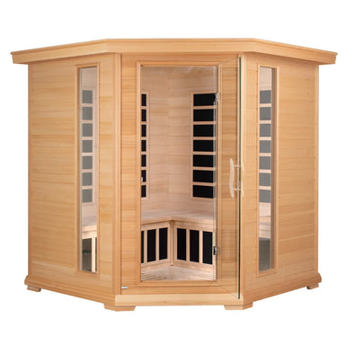 Blisspod Vienna Corner Sauna shown whole on white with open glass door, side windows and hemlock cladding