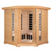 Blisspod Vienna Corner Sauna shown whole on white with open glass door, side windows and hemlock cladding