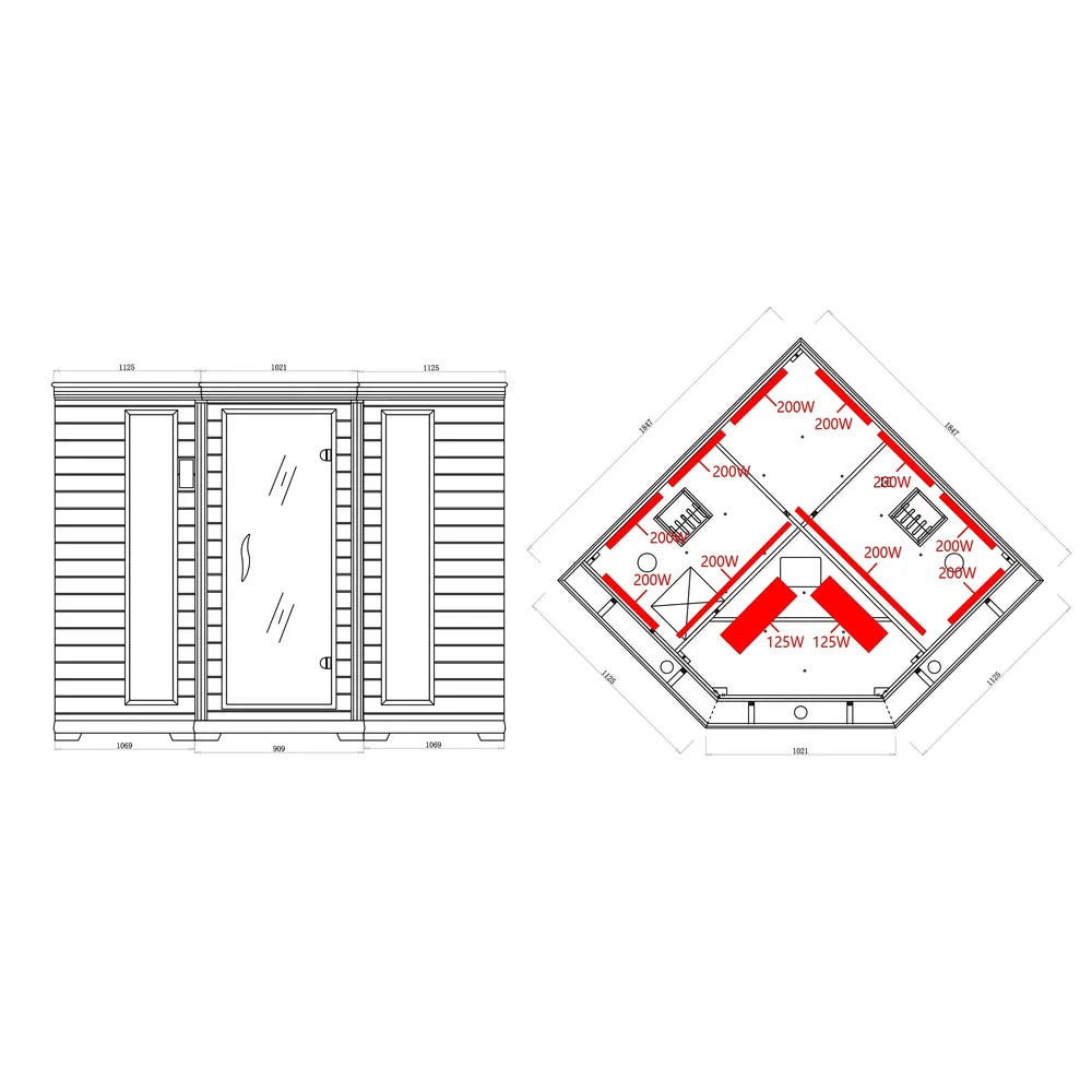 Dimension and heater placement drawing for the Blisspod Vienna Corner Sauna with 200W and 125W panel positions