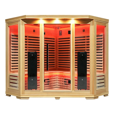 Front elevation of the Blisspod Vienna RED Infrared Sauna with corner bench seating and red lit carbon heaters