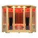 Front elevation of the Blisspod Vienna RED Infrared Sauna with corner bench seating and red lit carbon heaters