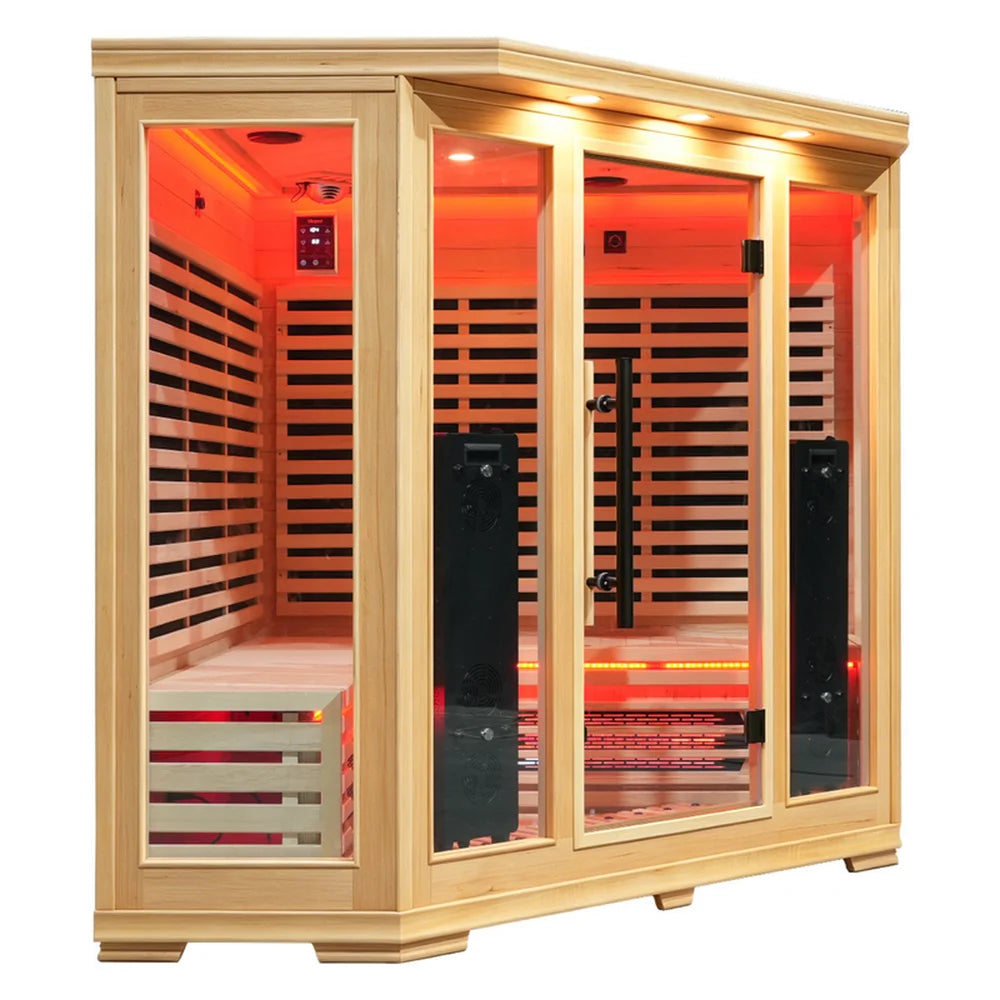 Three quarter studio angle of the Blisspod Vienna RED 4 Person Sauna showing bench, heaters and glass side panel