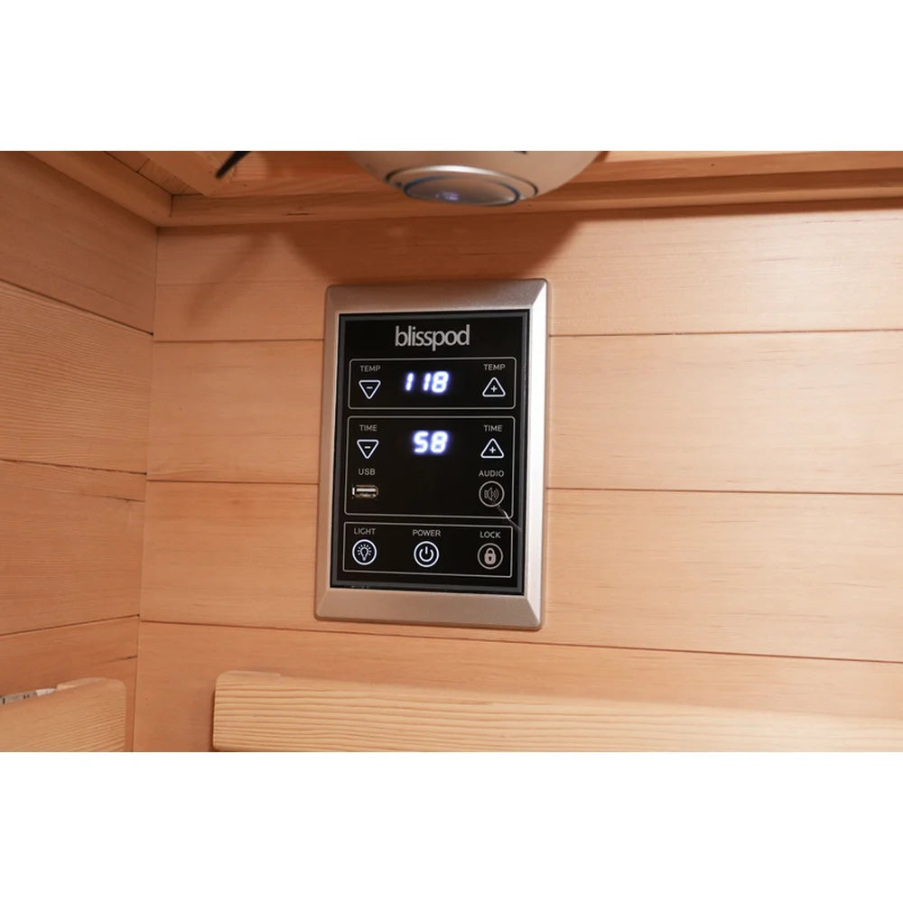 Soft touch panel showing 118 degrees and a 58 minute timer in the Blisspod Vienna RED Red Light Therapy Sauna