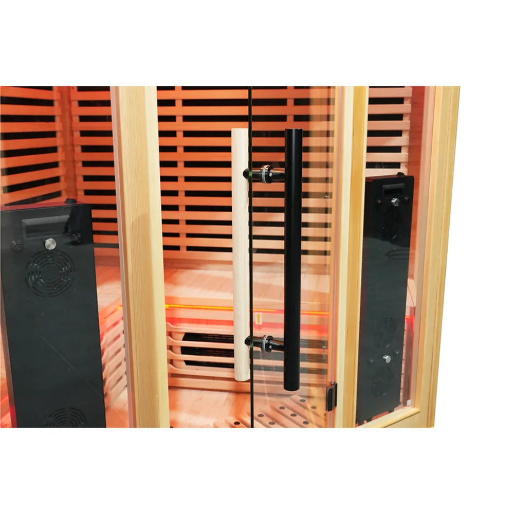 Tempered glass door with black bar handle flanked by therapy panels on the Blisspod Vienna RED Red Light Therapy Sauna