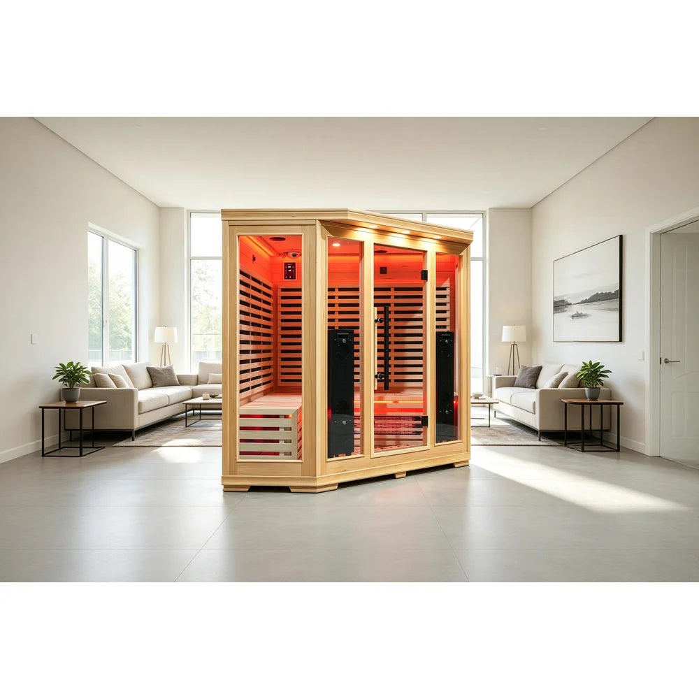Blisspod Vienna RED Corner Sauna set up in a sunlit living room with sofas, plants and tile flooring