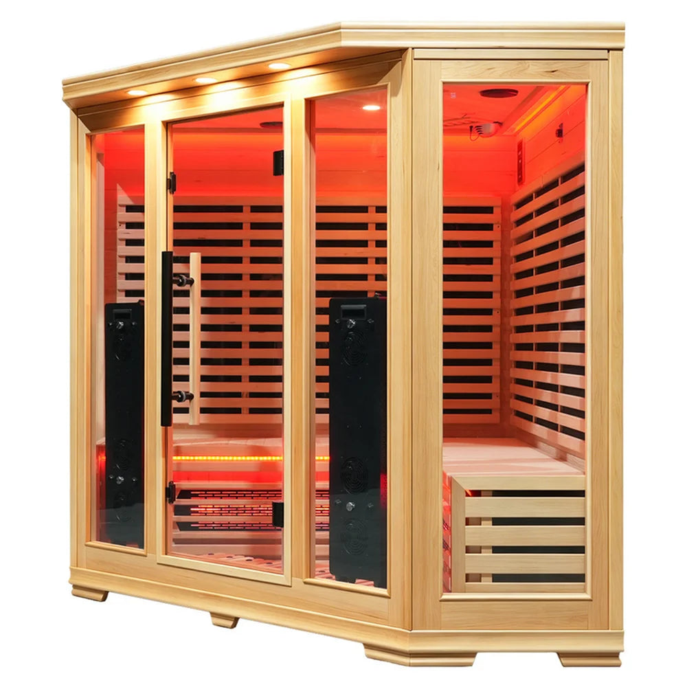 Angled studio view of the Blisspod Vienna RED Corner Sauna with glass front panels and red lit hemlock interior
