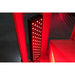 Illuminated LED therapy panel glowing red on the glass front of the Blisspod Vienna RED 4 Person Sauna