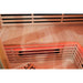 Hemlock bench above a glowing under bench leg heater and red LED strip in the Blisspod Vienna RED cabin