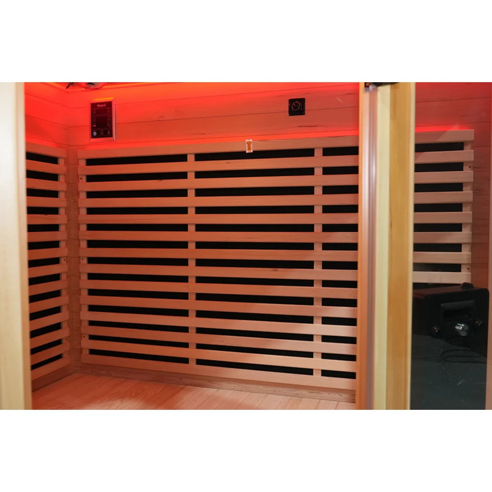 Interior corner of the Blisspod Vienna RED showing heater panels, mounted control pad and red accent lighting