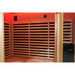 Interior corner of the Blisspod Vienna RED showing heater panels, mounted control pad and red accent lighting