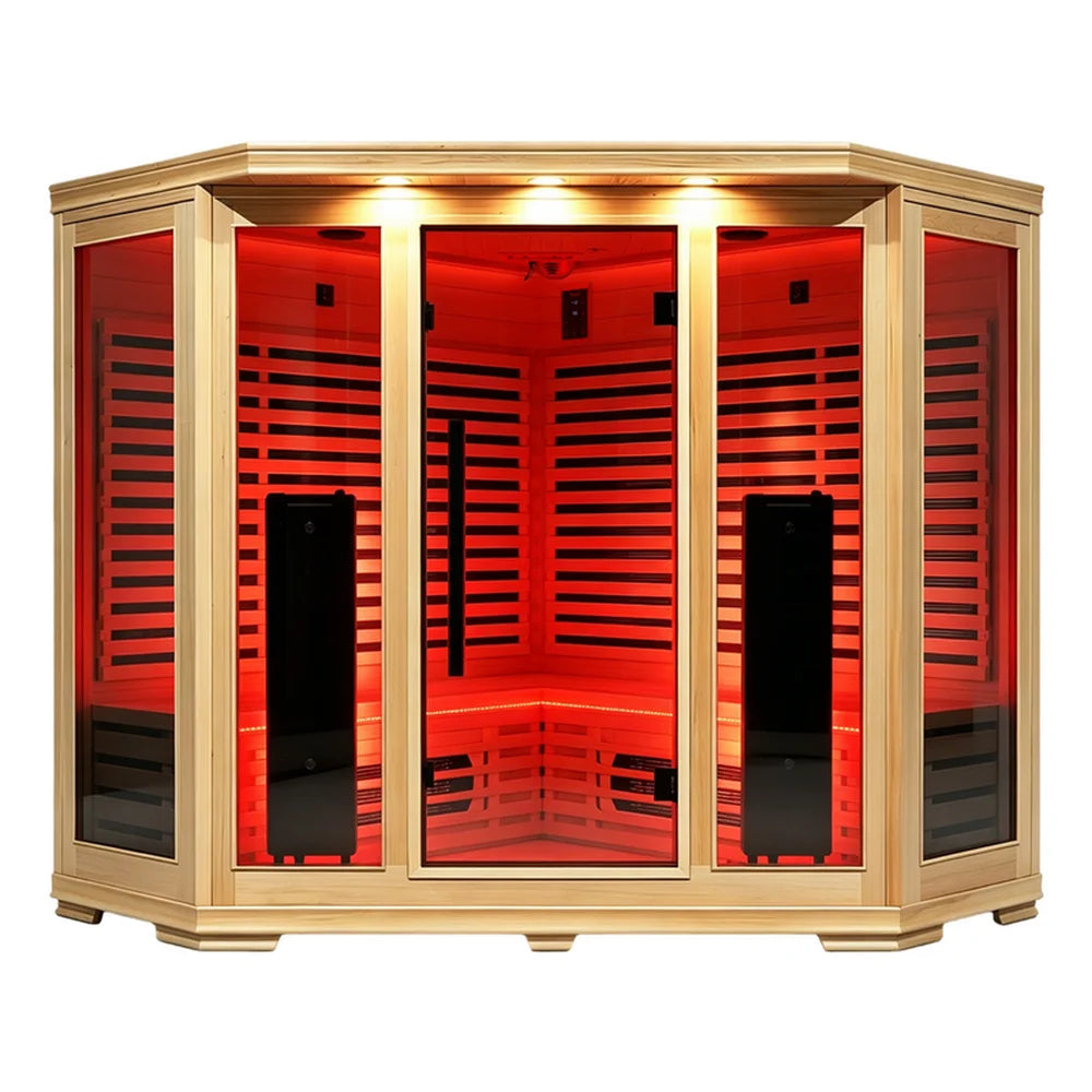 Front facing studio shot of the Blisspod Vienna RED Red Light Therapy Sauna with closed glass door and red glow