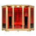 Front facing studio shot of the Blisspod Vienna RED Red Light Therapy Sauna with closed glass door and red glow