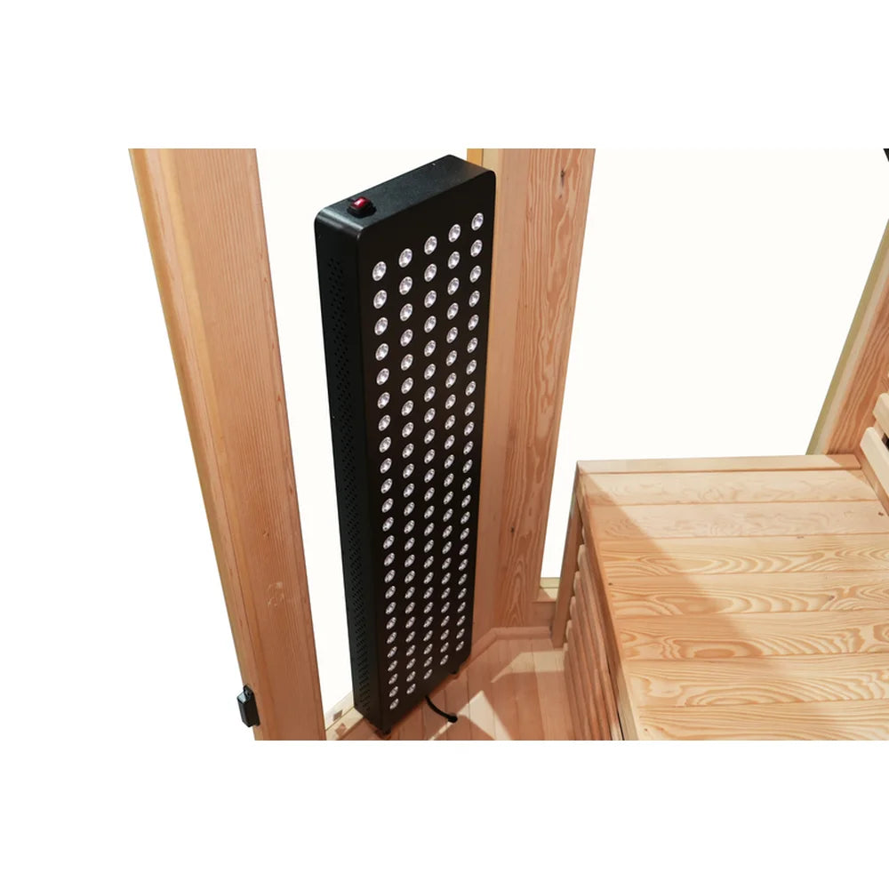 Black LED therapy panel powered off beside the bench in the Blisspod Vienna RED Red Light Therapy Sauna