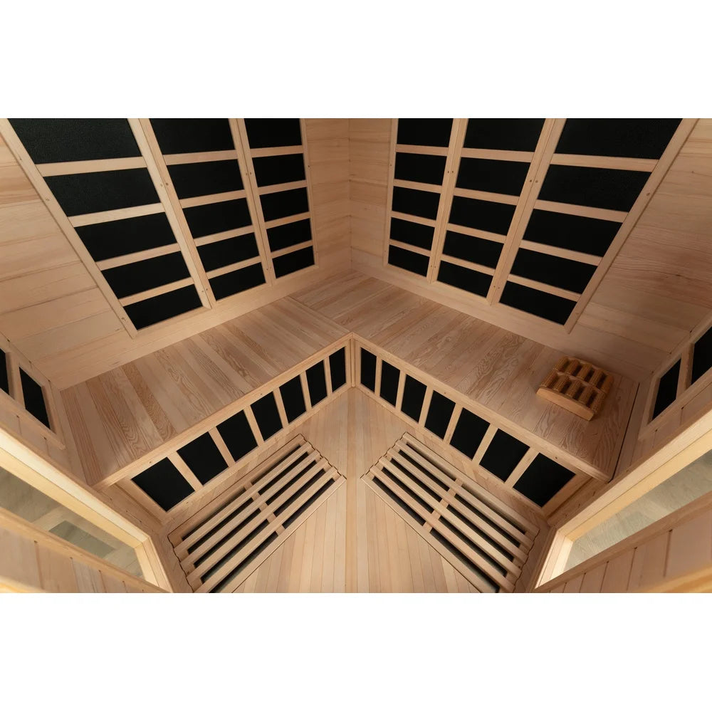 Overhead interior of the Blisspod Vienna Corner Sauna with L-shaped bench, backrests and foot roller massager