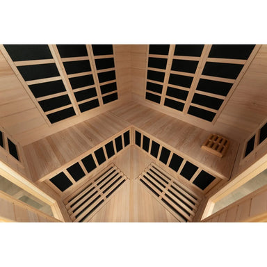 Overhead interior of the Blisspod Vienna Corner Sauna with L-shaped bench, backrests and foot roller massager
