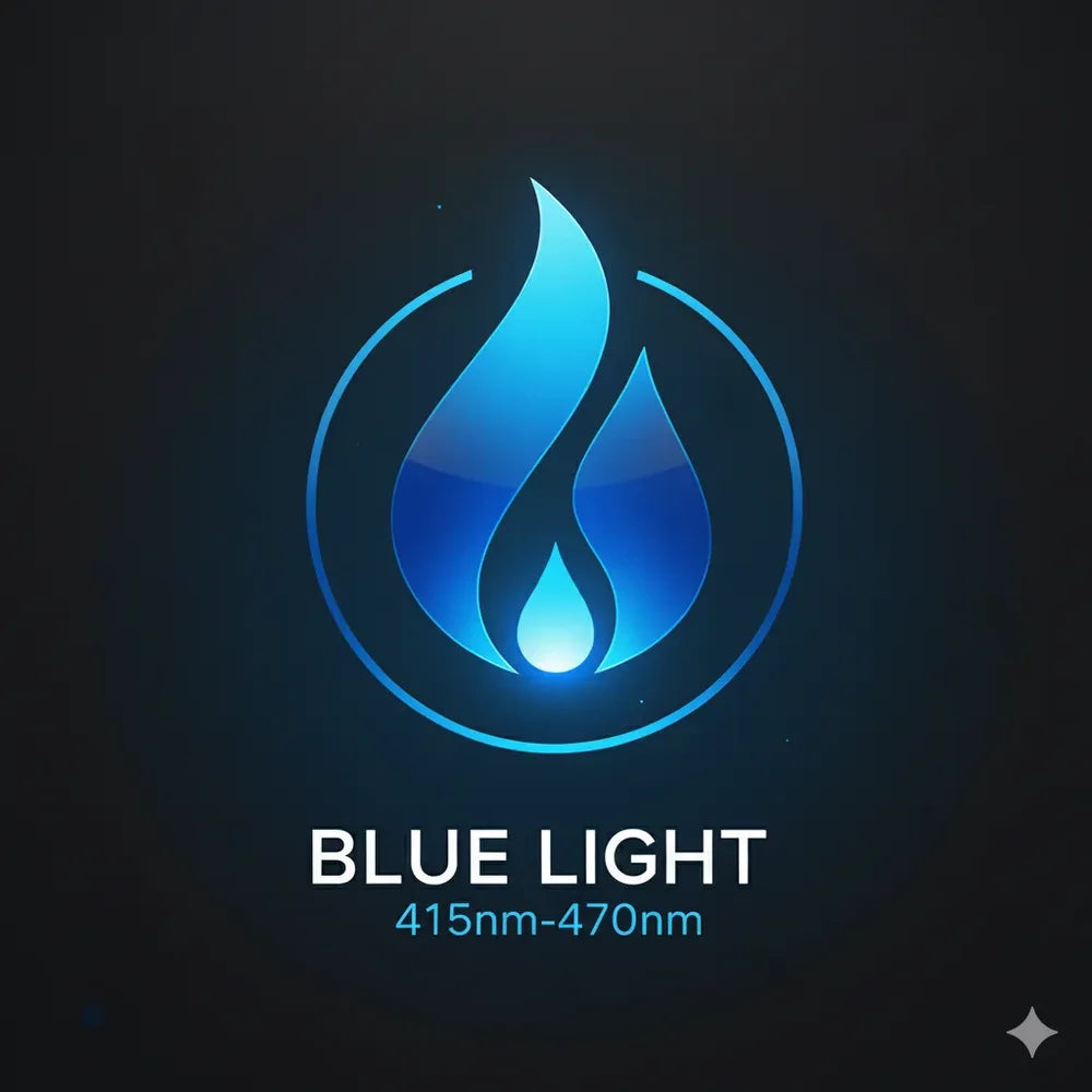 Blue flame emblem badge covering the 415nm to 470nm band available on the Nextgen Fit Red Light Therapy Bed