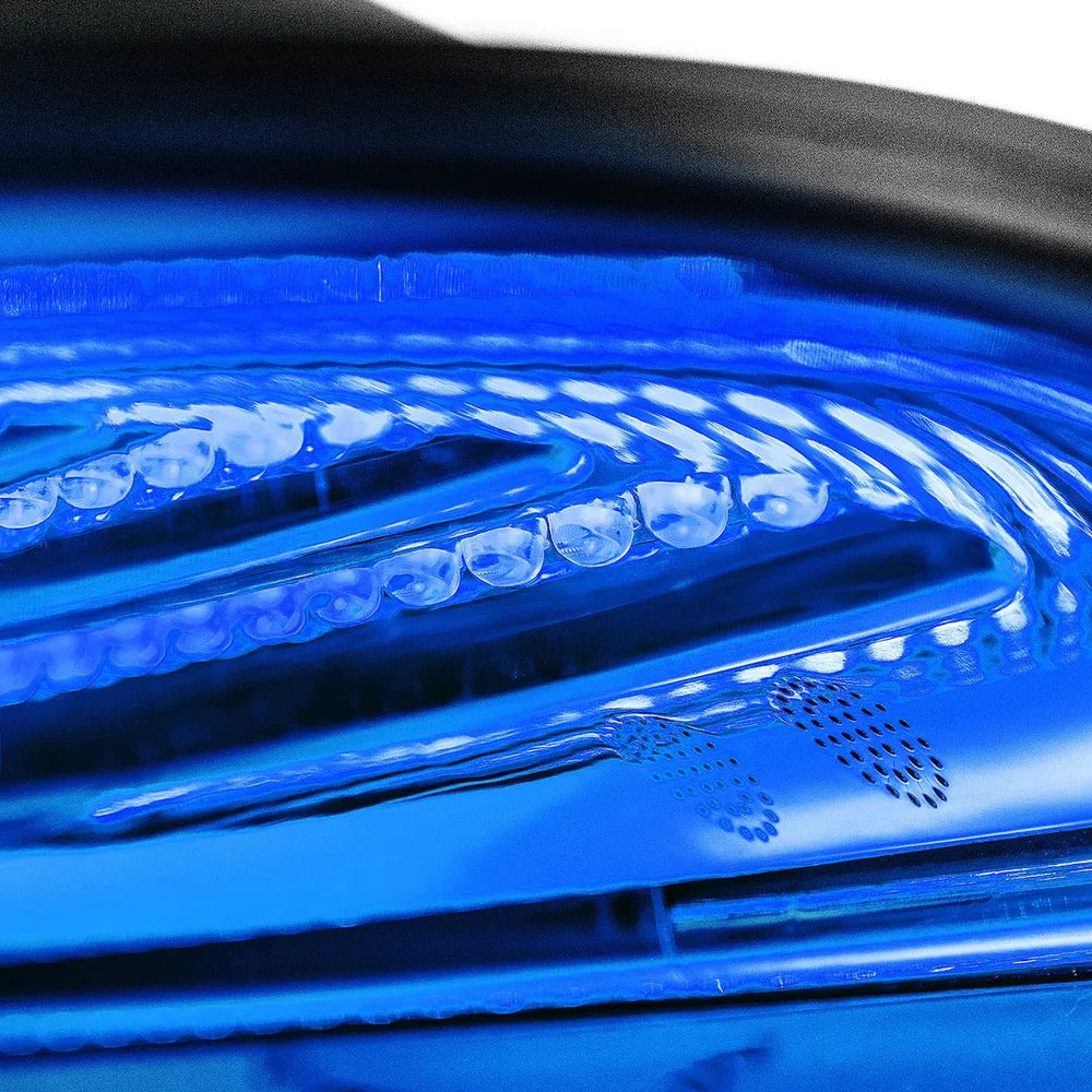 Deep blue 415 nm diodes illuminating the mirrored inner reflector of the Galaxy Zero Atlas Light Therapy Pod