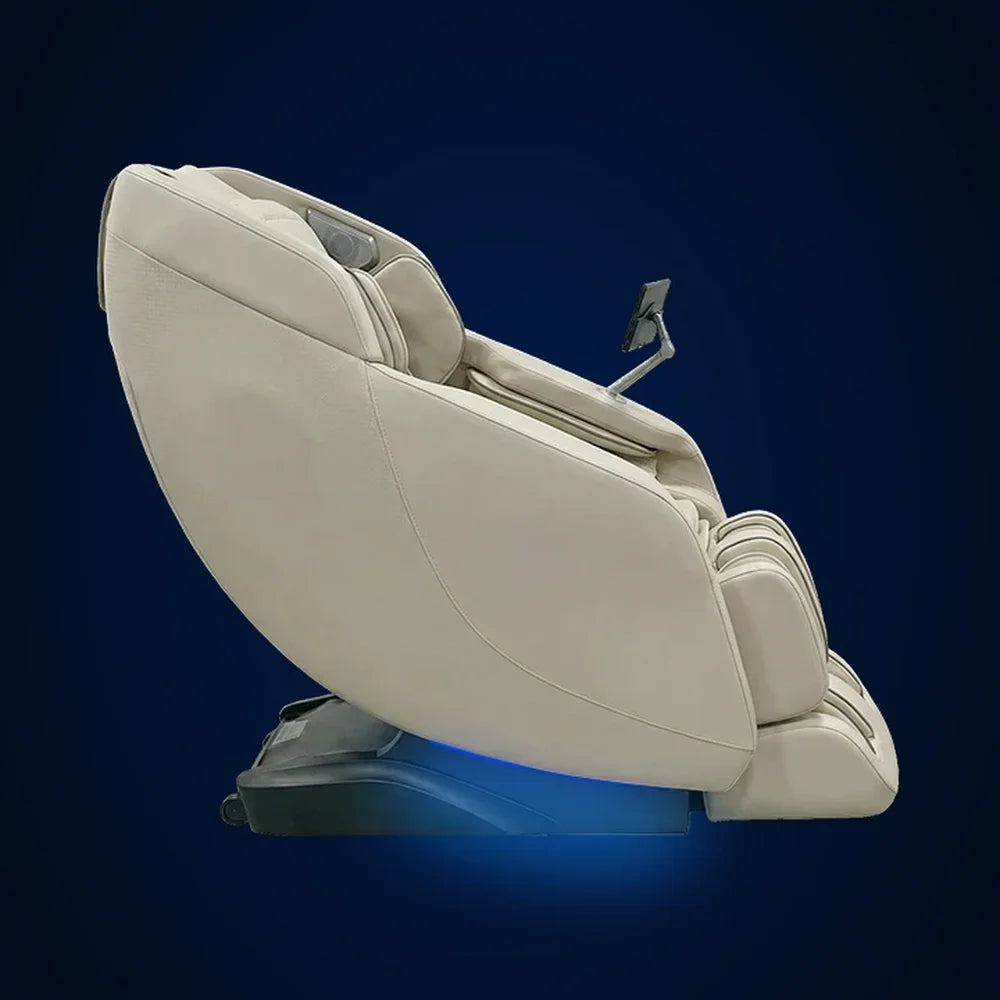 Soft blue accent lighting glowing beneath the reclined Infinity Massage Chairs Celebrity Elite Massage Chair