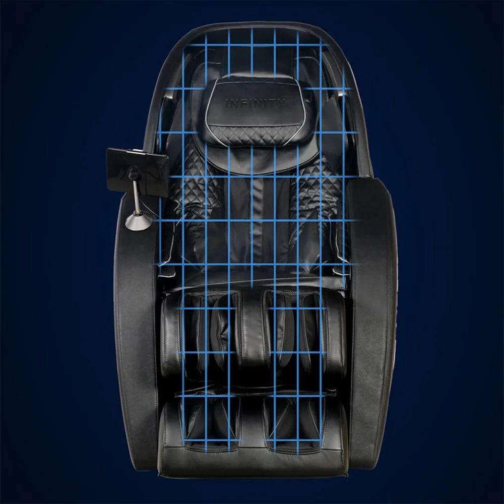 Blue scanning grid mapped across the black Palisade Palisade Pro 4D backrest to size the user's body