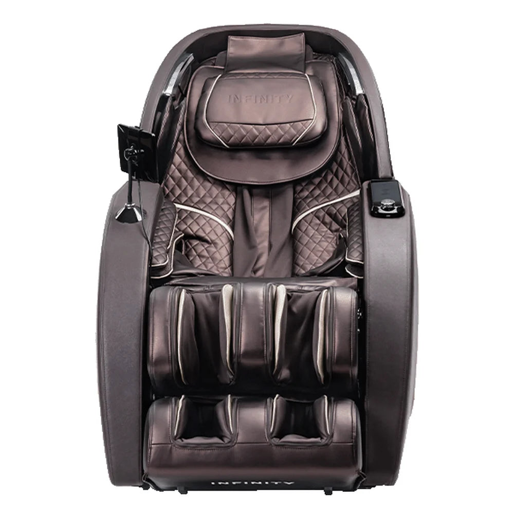 Brown Infinity Massage Chairs Palisade 4D Max seen head-on with quilted headrest, side dial and stacked leg wells