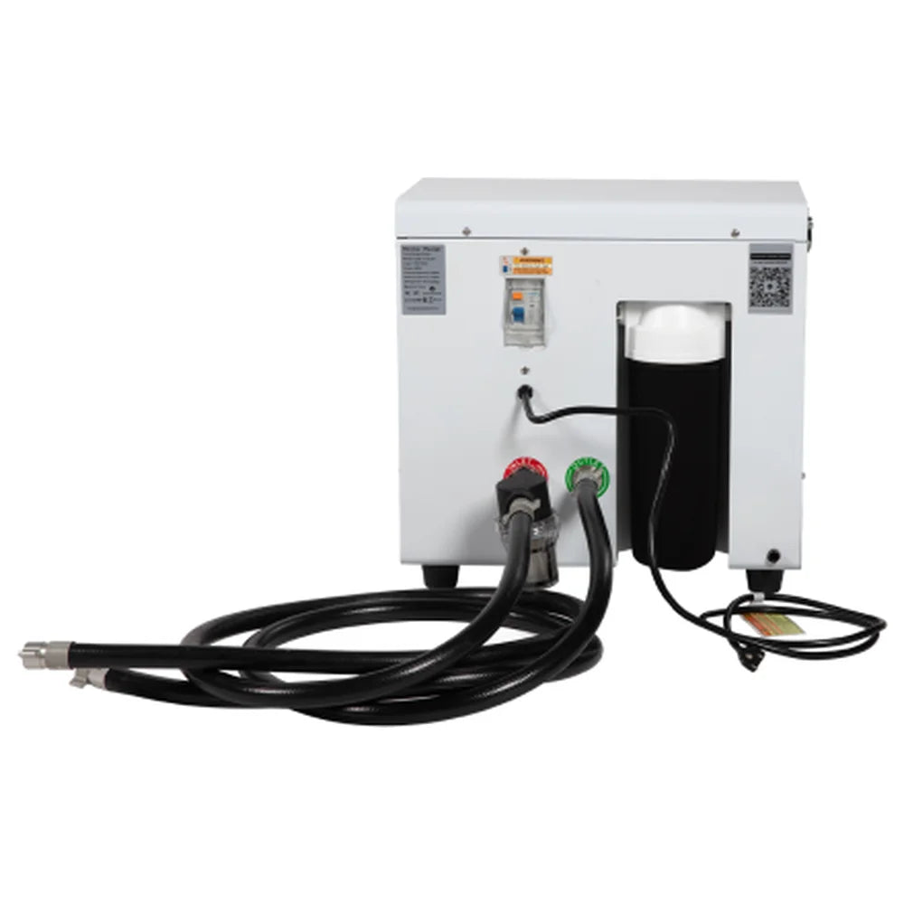Back of the chiller for the Revive Inflatable Cold Plunge Tub with quick connect hoses and filter housing
