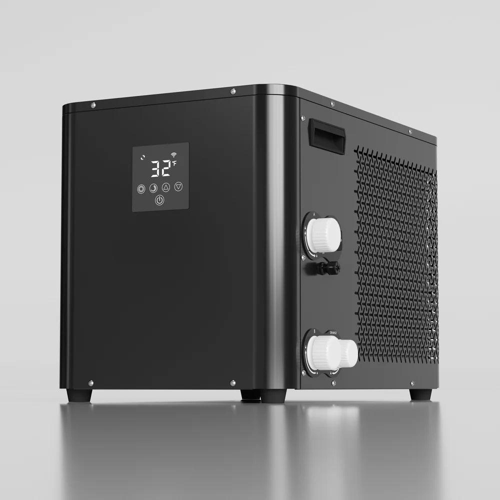 Control screen and side hose fittings together on the black AMBOHR Pro Chiller Ice Bath Chiller