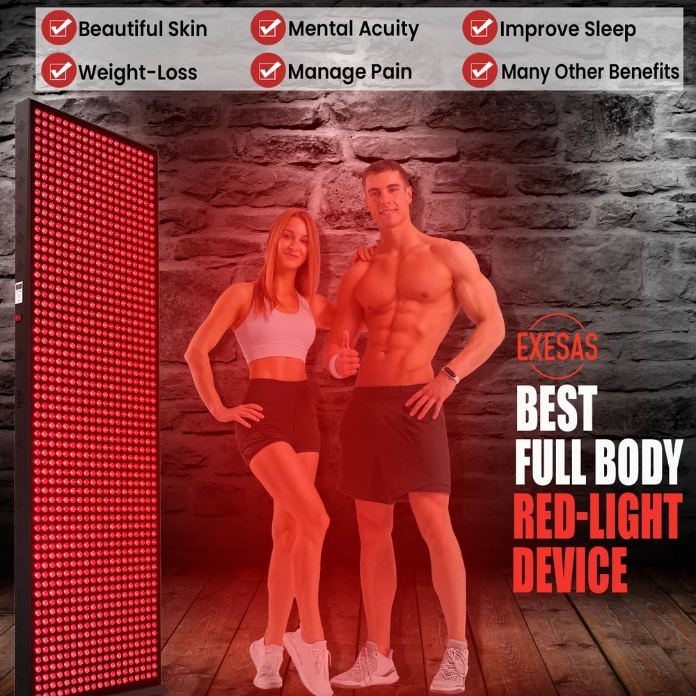 Smiling couple beside the illuminated JKG Industries LLC 1216 Full Body Light Therapy Device with six benefit checkboxes