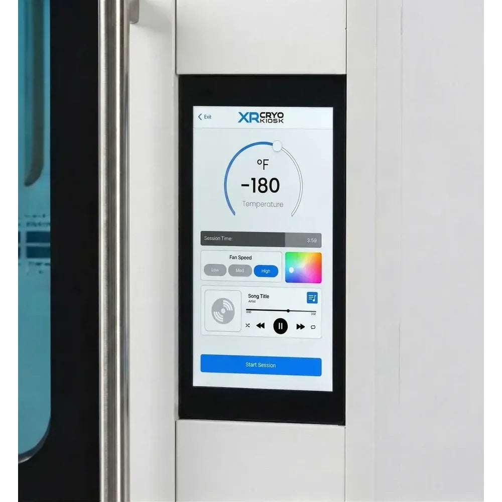 Door touchscreen on the Cryo Innovations XR Cryo Kiosk showing temperature dial, fan speed, LED colour wheel and music controls