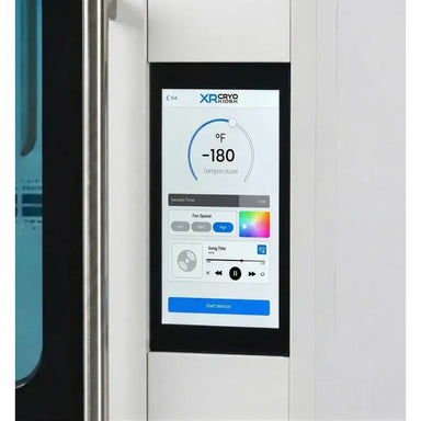 Door touchscreen on the Cryo Innovations XR Cryo Kiosk showing temperature dial, fan speed, LED colour wheel and music controls