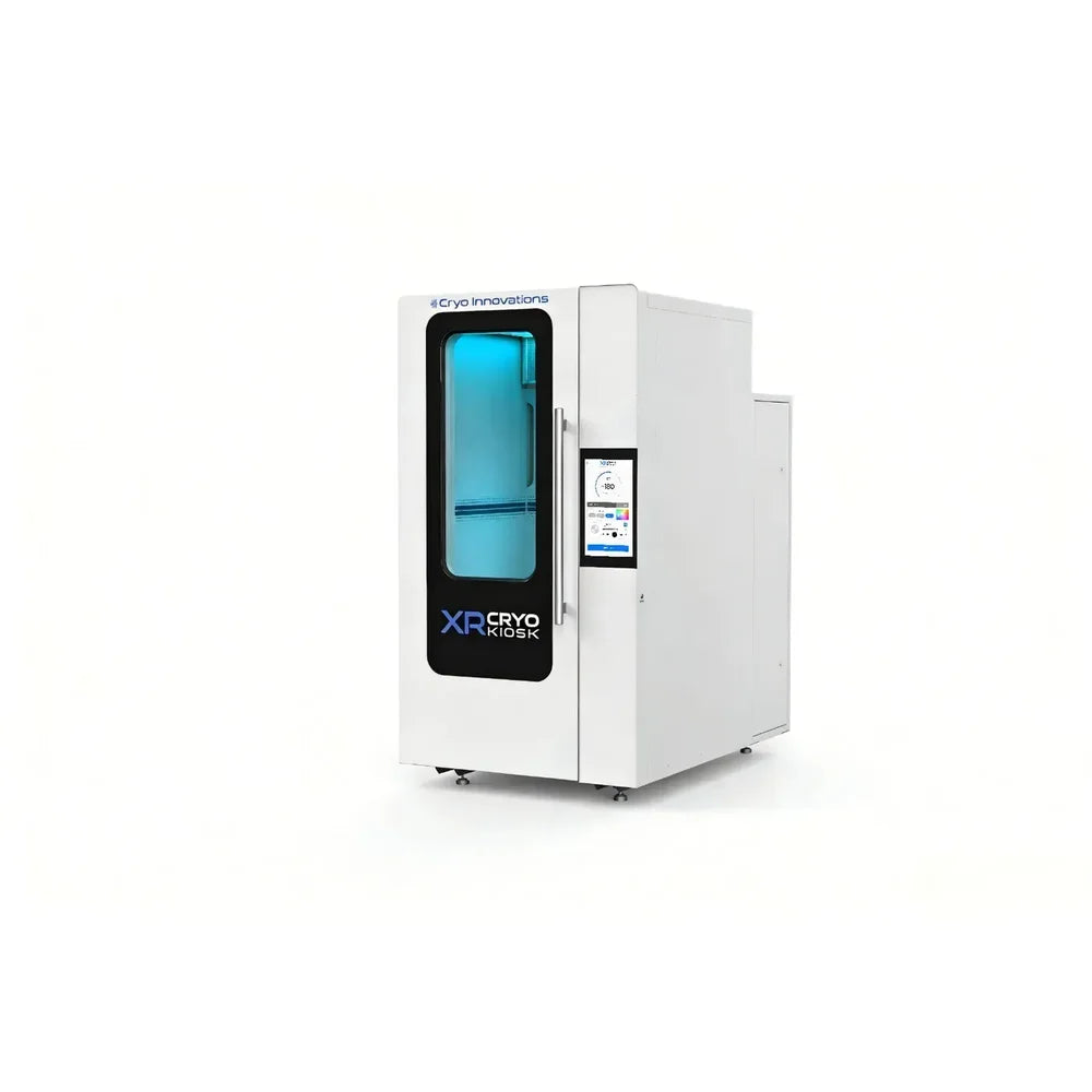 Angled studio render of the Cryo Innovations XR Cryo Kiosk Whole Body Cryotherapy cabinet with lit door and side touchscreen