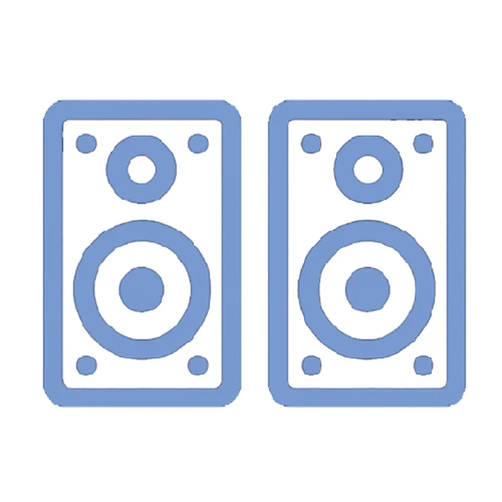 Pair of speaker icons representing in-cabin stereo sound on the Cryo Innovations XR Cryo Kiosk Electric Cryotherapy unit
