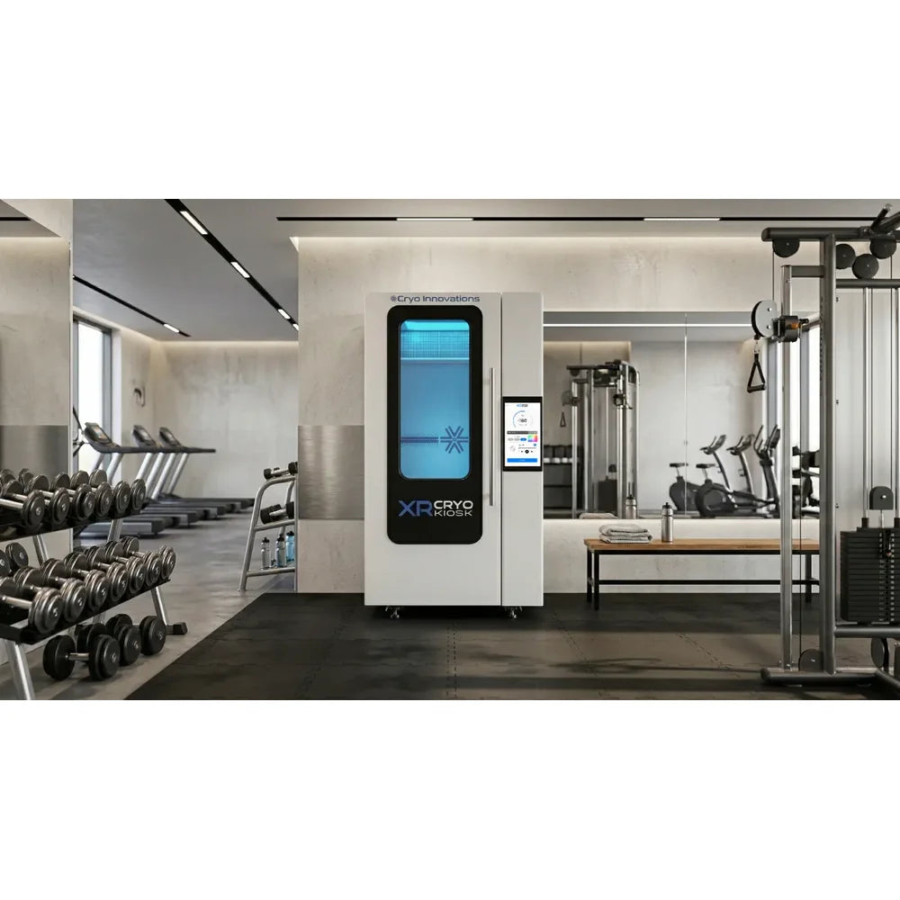Gym floor install of the Cryo Innovations XR Cryo Kiosk Cryotherapy Machine beside dumbbell racks and treadmills