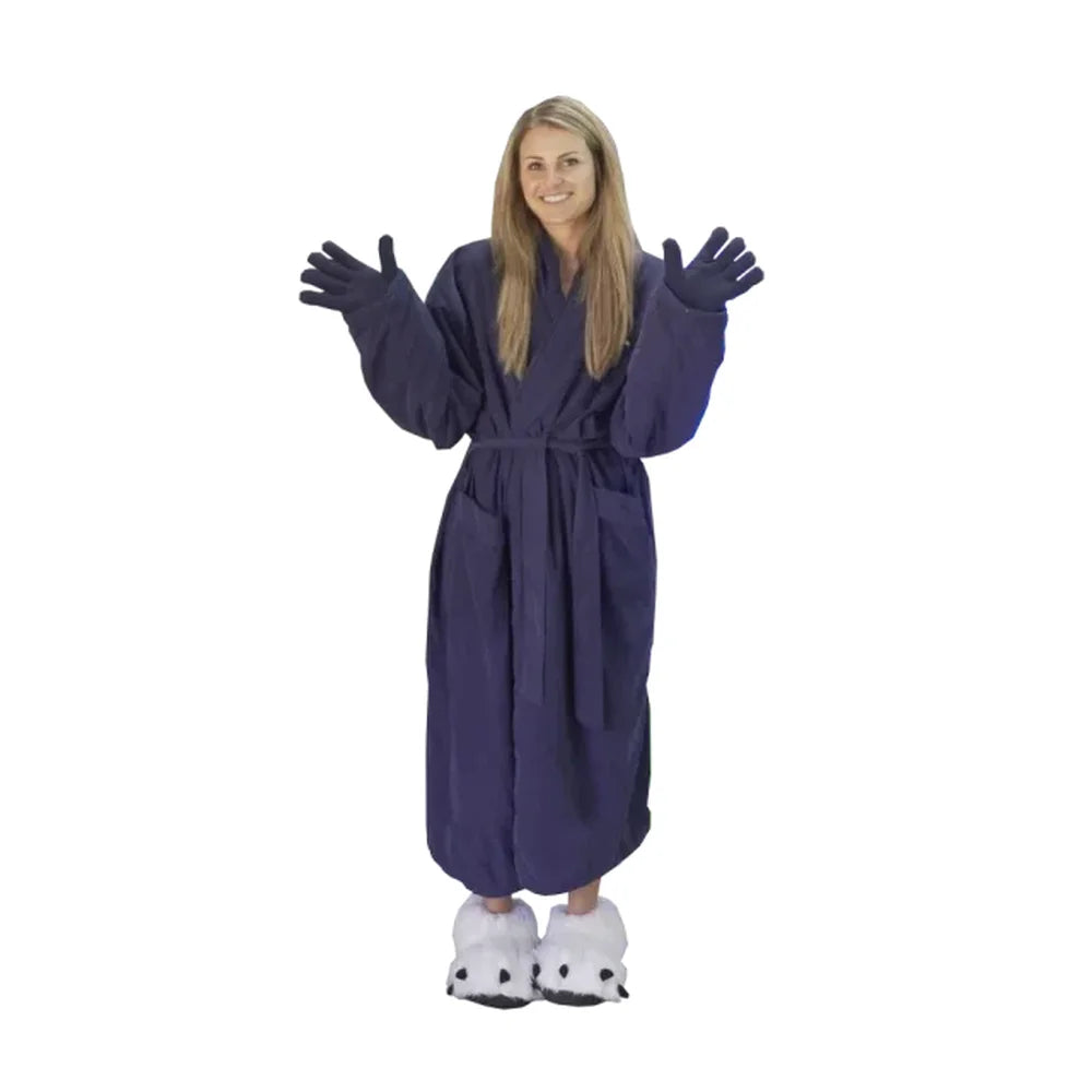 Model wearing the robe, gloves and booties supplied with Cryo Innovations XR Whole Body Cryotherapy Chambers