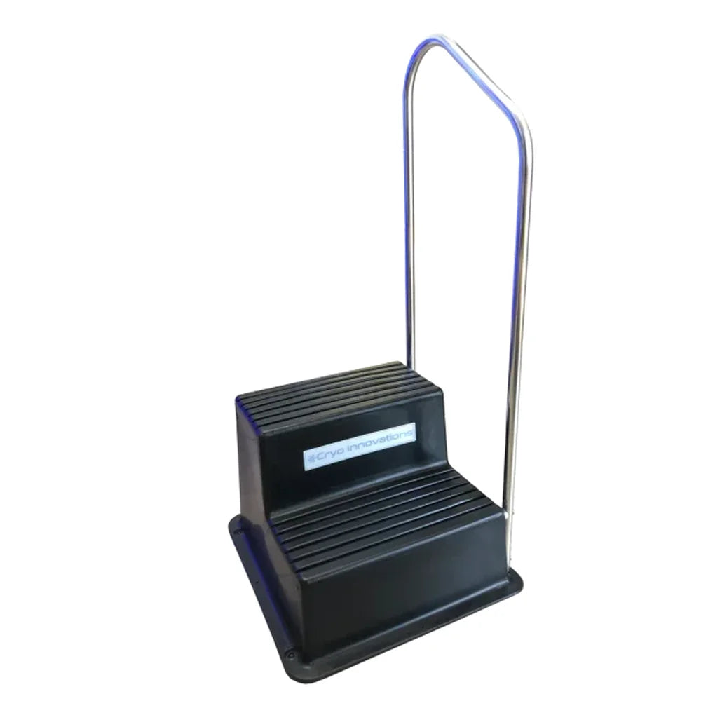 Two-step black entry platform and chrome handrail included with Cryo Innovations XR Cryotherapy Chambers