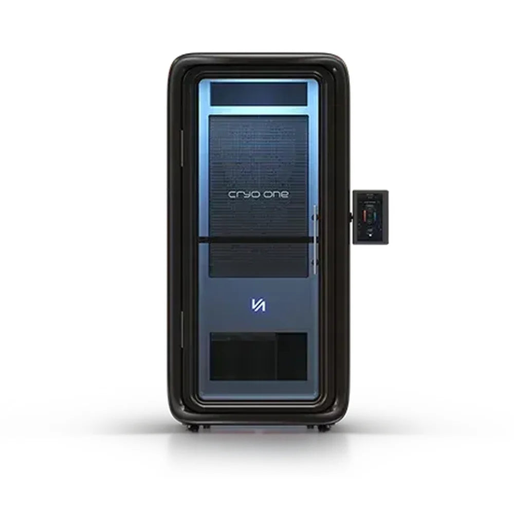 Closed door and blue-lit interior on the Tsb360 Cryo Q One single-person cold therapy cabin, front studio view