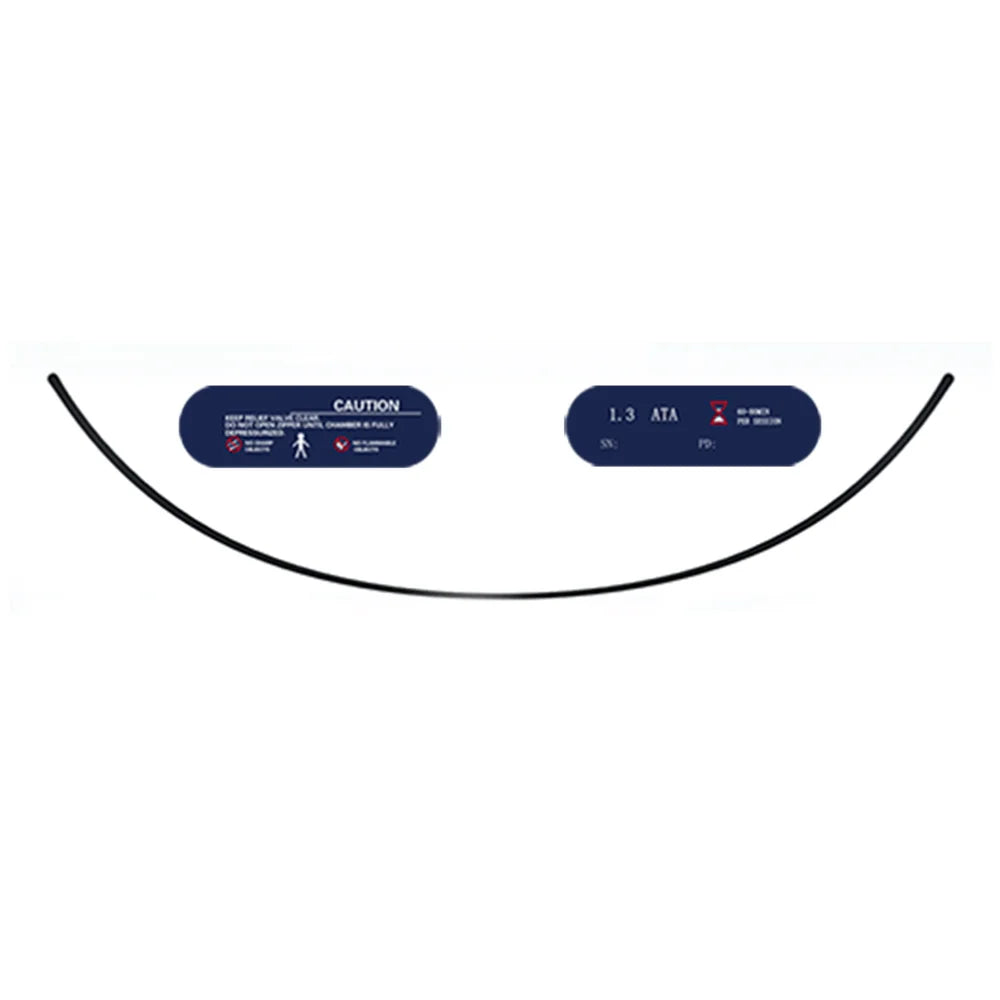 Curved zipper arc shown with the caution plate and 1.3 ATA laser-marked label used on the Oxyrevo Heal 40