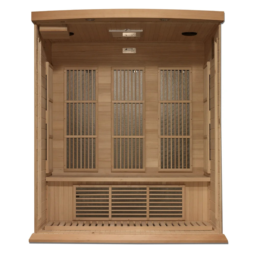 Inside the Maxxus MX-K306-01-ZF Hemlock Sauna with three wall heaters, under-bench heater, bench and slatted floor