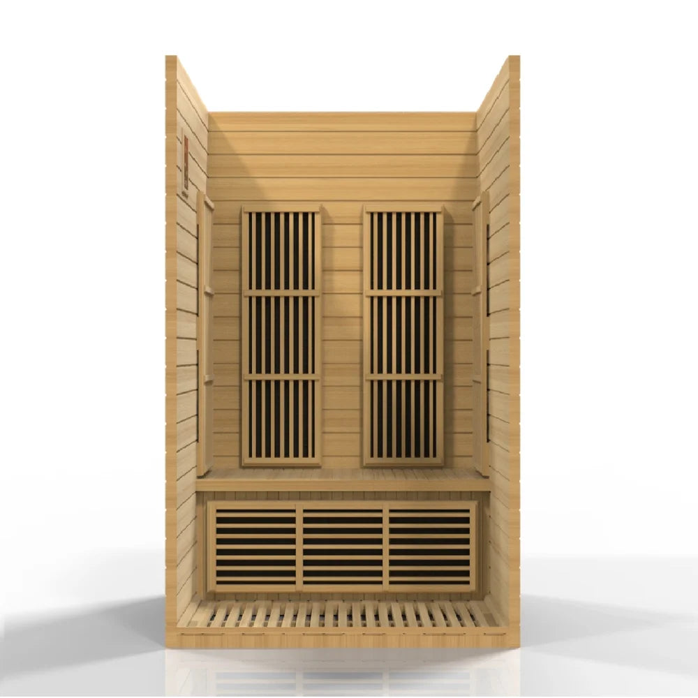 Open front render of the Maxxus Seattle 2 Person Infrared Sauna with back heating panels, bench and slatted floor