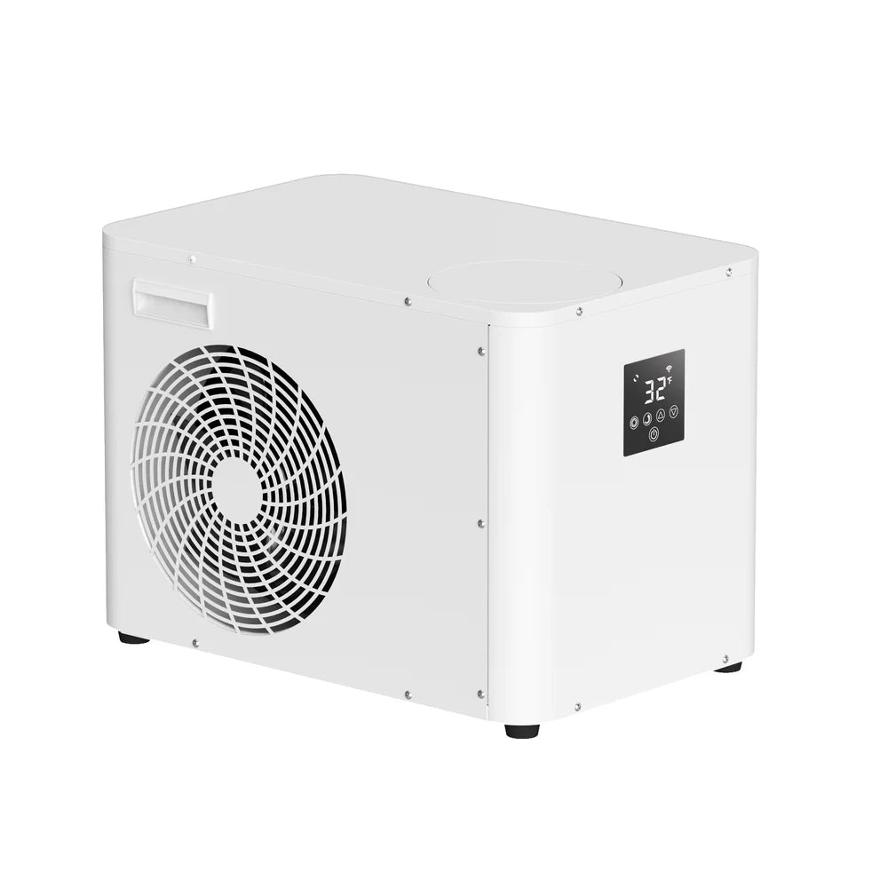 Background-free angled render of the white AMBOHR Pro Chiller Ice Bath Chiller with fan grille and touch screen
