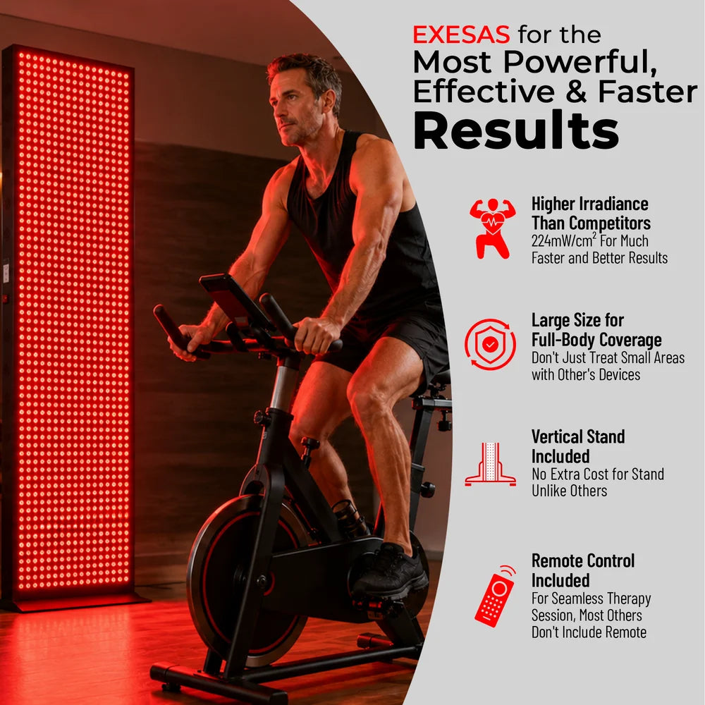 Man on a spin bike beside the JKG Industries LLC 1216 Red Light Therapy Panel with four labeled product strengths