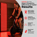 Man on a spin bike beside the JKG Industries LLC 1216 Red Light Therapy Panel with four labeled product strengths