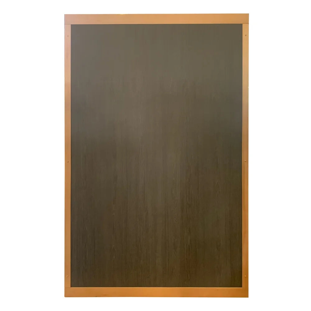 Exterior wall panel with dark laminate face and hemlock frame trim from the Blisspod Bergen Infrared Sauna