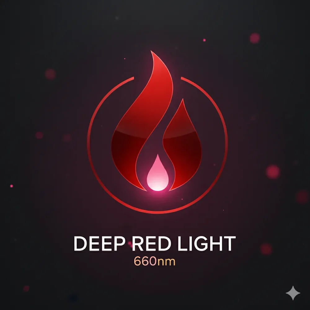 Crimson flame emblem badge for the 660nm deep red band on the Nextgen Fit Full Body Red Light Bed