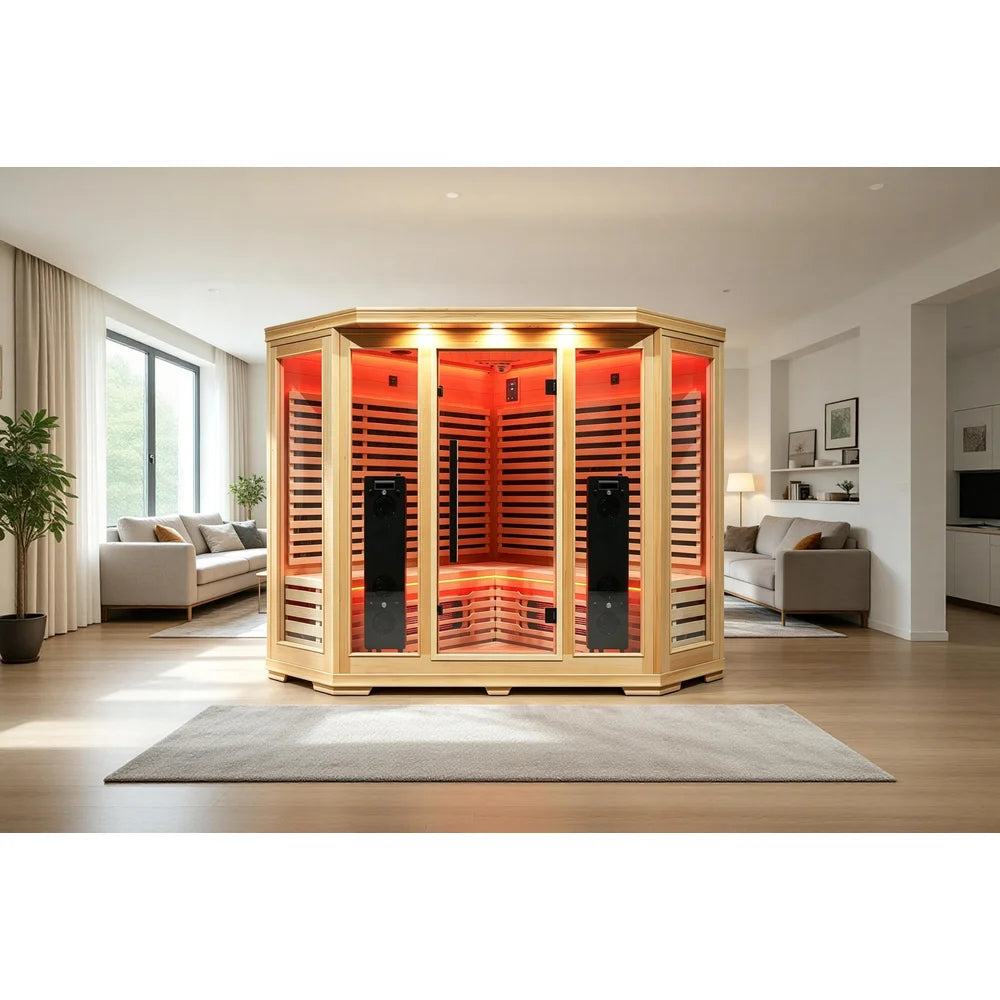 Blisspod Vienna RED Infrared Sauna positioned on wood flooring in a furnished open plan living area