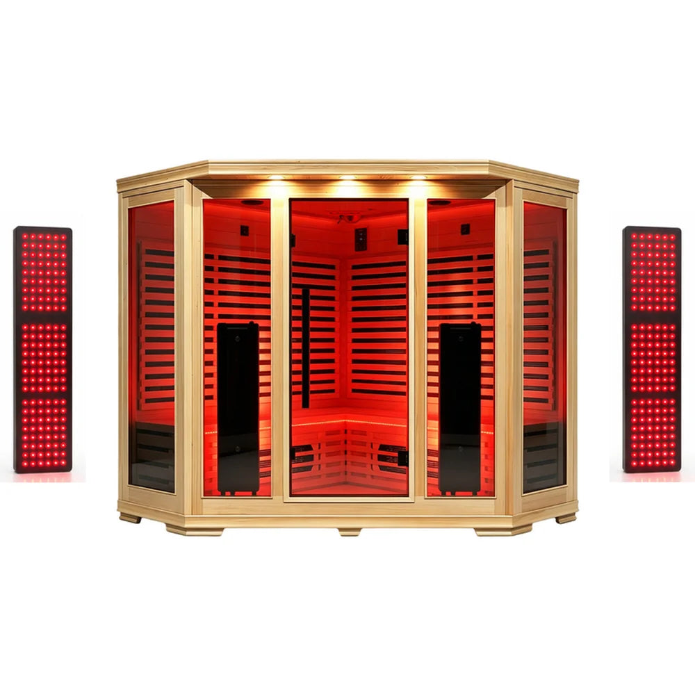 Blisspod Vienna RED Infrared Sauna shown front on with its two red light therapy panels displayed either side