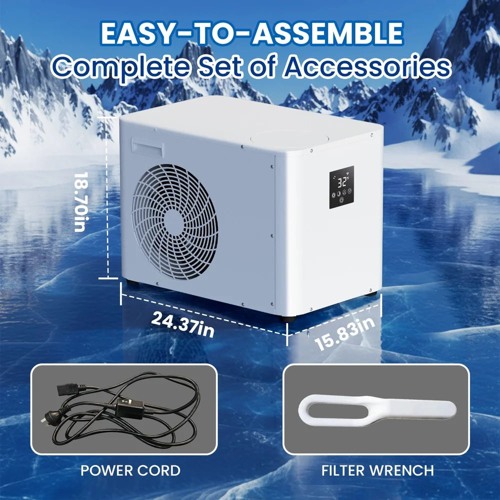 Measurement callouts of 24.37in, 15.83in and 18.70in on the AMBOHR Pro Chiller Ice Bath Cooler with boxed accessories
