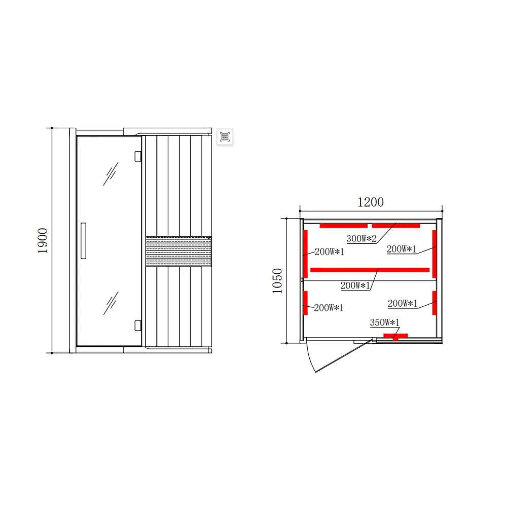 Line drawing with 1900 mm height and 1200 x 1050 mm plan of the Blisspod Milano Far Infrared Sauna heaters