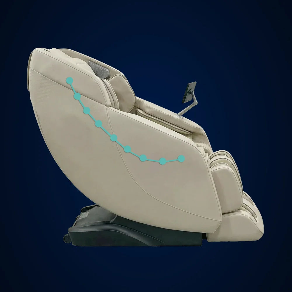 Teal dotted line tracing the L-Track path along the spine of the Infinity Celebrity Elite 4D Massage Chair