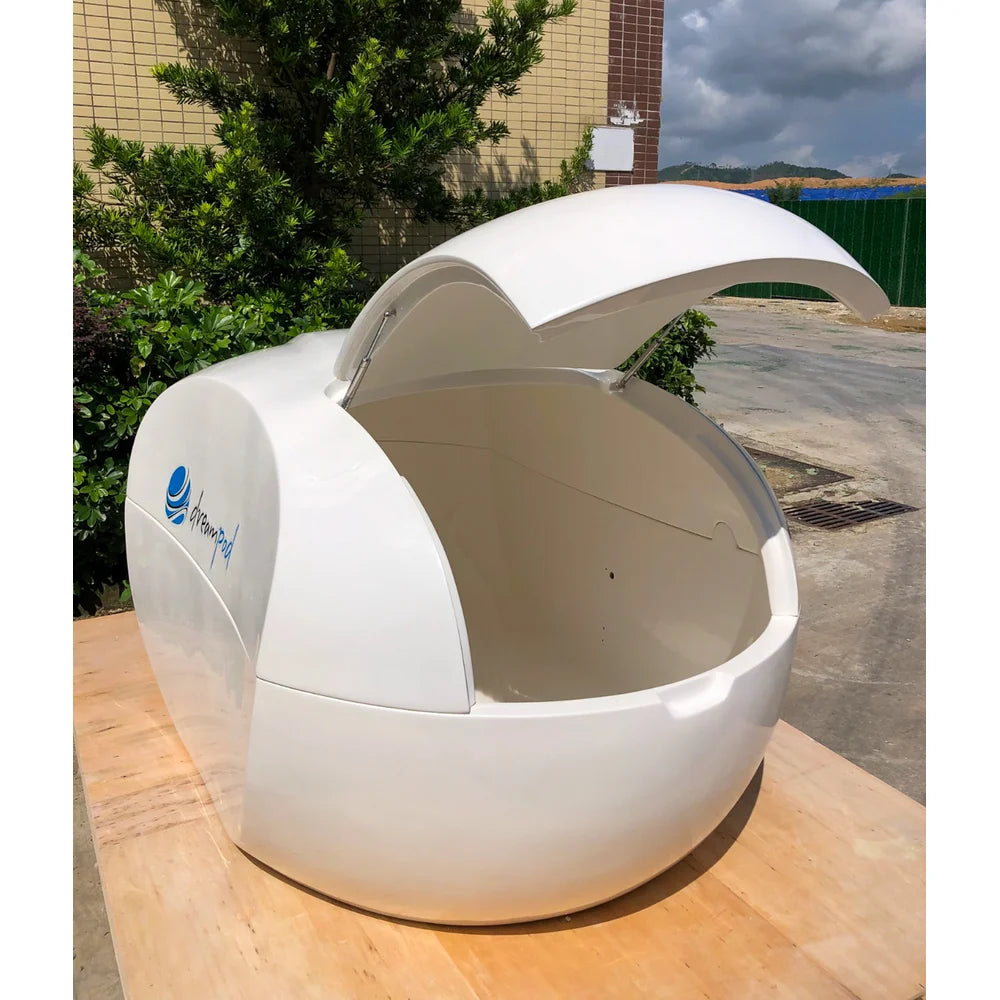 Open Dreampod Home Float Plus Flotation Tank on gas struts showing the polished empty interior cabin